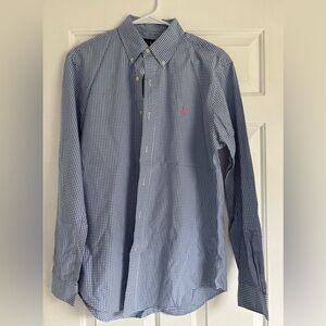 Ralph Lauren Blue and White Gingham Button-Down with Pink Pony Shirt Size M